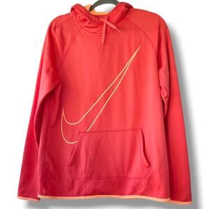 NIKE Dri Fit Size L Hoodie Pull Over Sweatshirt Orange Pocket Fleece Lined
